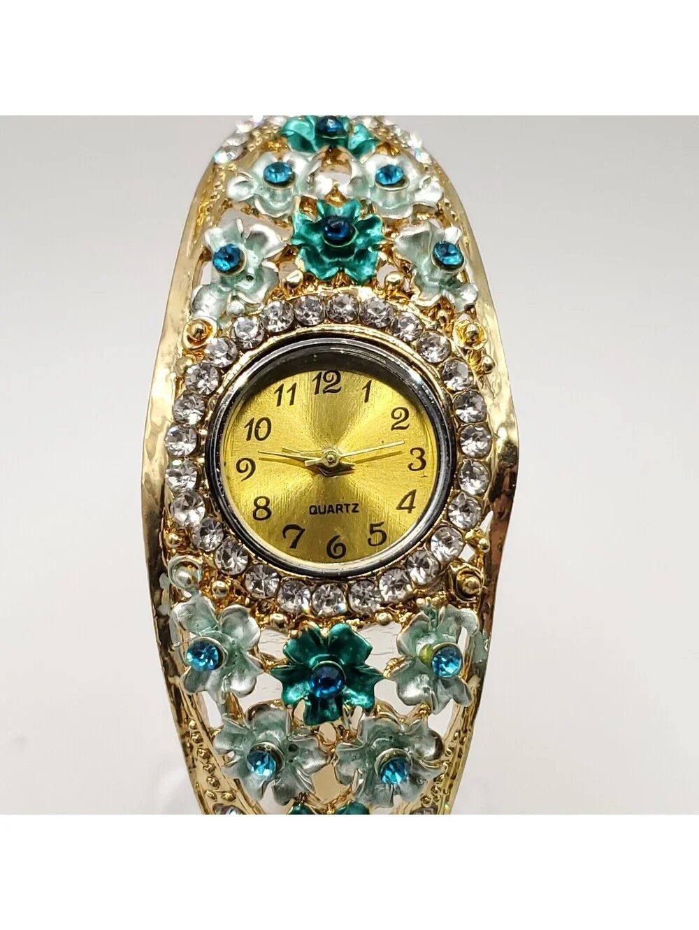 Crystal Floral Watch Women 25mm Gold Tone Green Blue Gold Tone Bangle New Batter